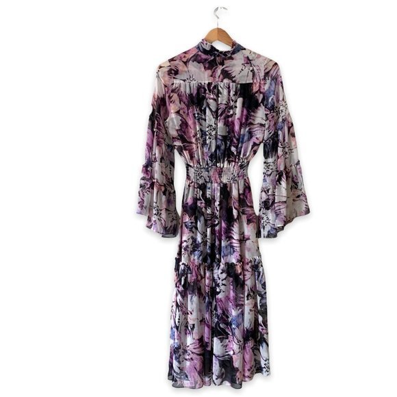MISA Los Angeles Dress Midi Purple Floral Merce Ruffle Tie Sz S - Picture 5 of 6